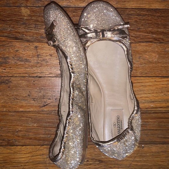 AUTHENTIC VALENTINO GARAVANI ROCKSTUD BALLERINAS micro studs bow shoes 38 gold - Picture 14 of 17